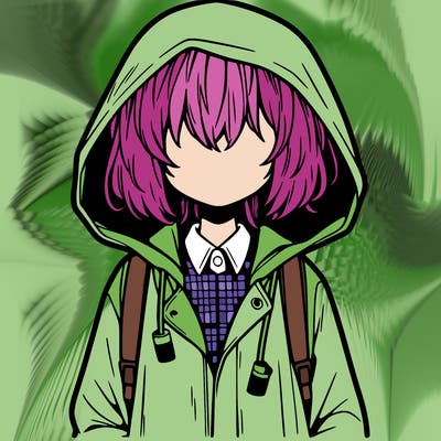 little anime girl in a raincoat her hair is covering her eyes she has a lighter