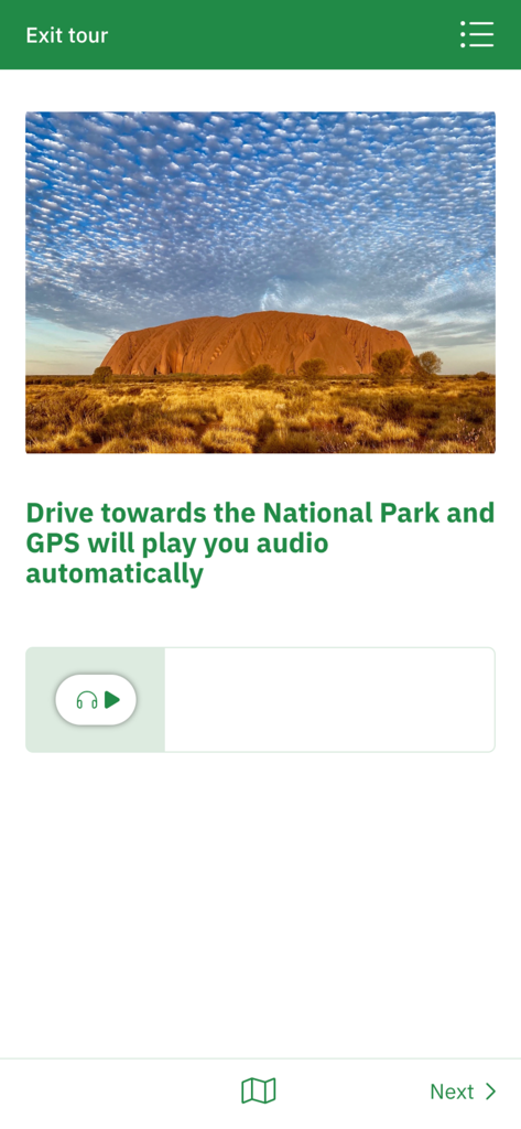 Interface do aplicativo Uluru Audio Guide mostrando o recurso de áudio acionado por GPS com uma foto panorâmica de Uluru