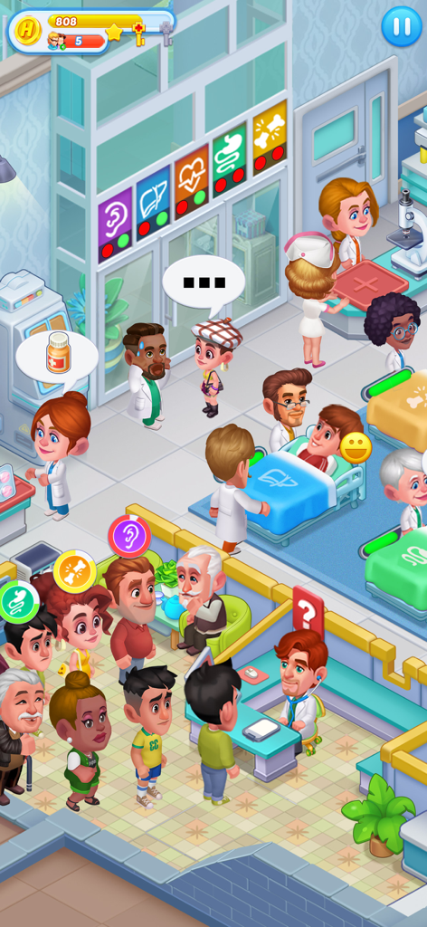 Happy ASMR Hospitalのゲームプレイ画面。漫画の医師と患者がいる賑やかな医療病棟が表示されています。