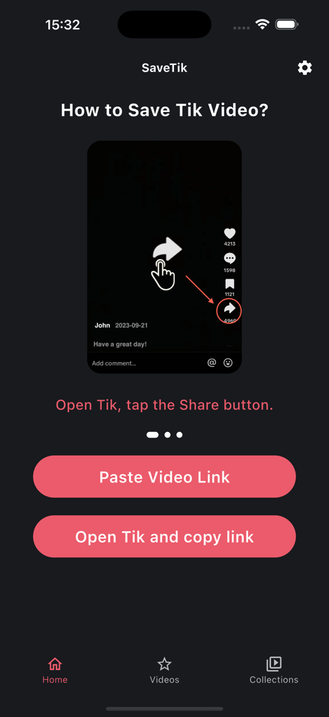Tutorial screen of SaveTik app showing instructions on how to copy a link from a video to save it.