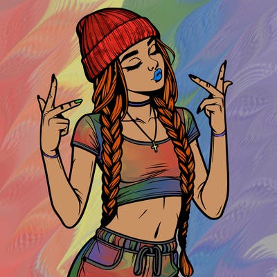 realistic teenage girl with braids and a beanie and crop top doing 🫶🏼