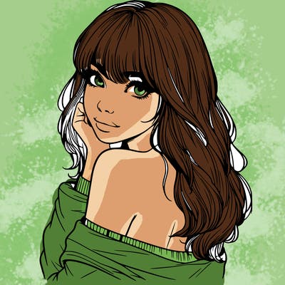 realistic girl with bangs looking over her shoulder