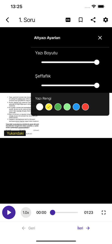 Paraf Video Çözüm - Subtitle customization settings menu in the Paraf Video Cozum educational app showing font size and color options.