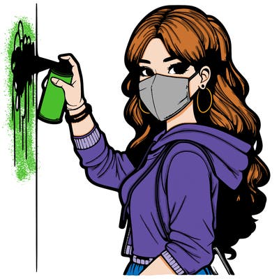 realistic girl with mask spray painting a wall