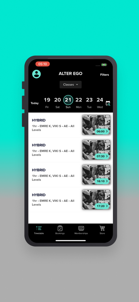 Alter Ego Gym app interface showing a list of hybrid classes on a weekly timetable