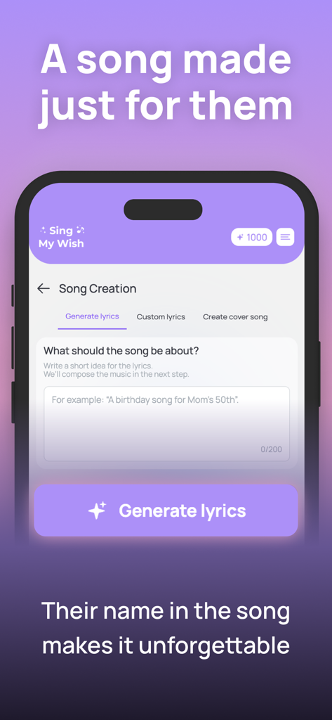 SingMyWish - AI Songs & Poems - Pantalla de la aplicación móvil SingMyWish mostrando el proceso de creación de canciones IA para generar letras personalizadas.