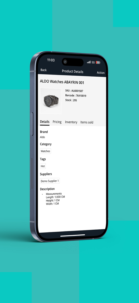 Inventory Scan by Hike - Inventory Scan by Hike app product details screen displaying watch information with SKU and barcode