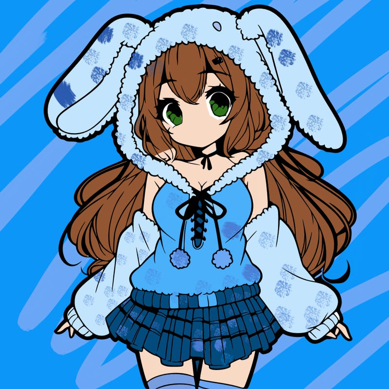 pretty anime girl wearing a fluffy hoodie with bunny ears on the hood and a skirt
