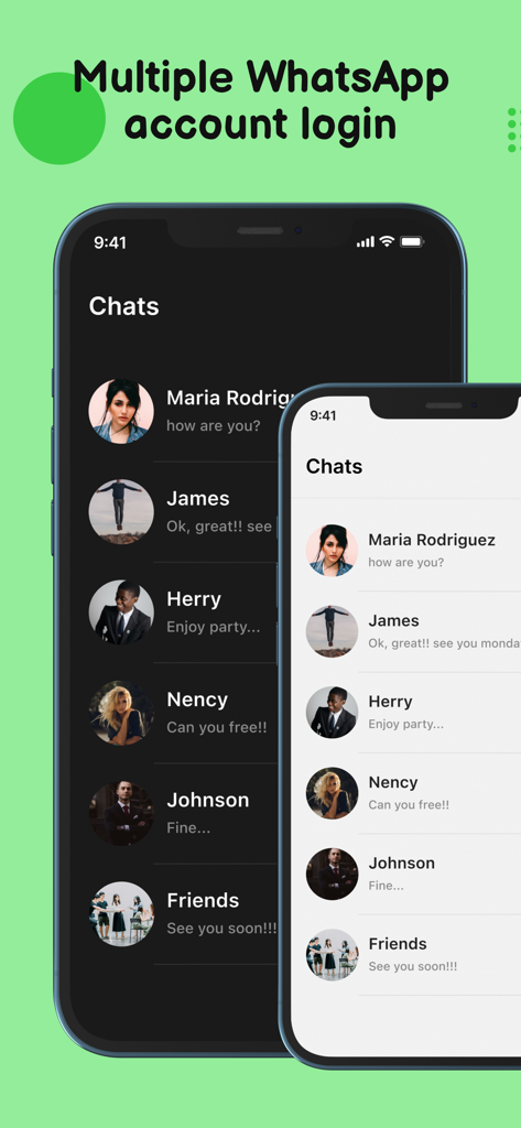 2Space - Multiple Accounts - Two iPhones showing dark and light mode chat screens for multiple WhatsApp account logins using 2Space