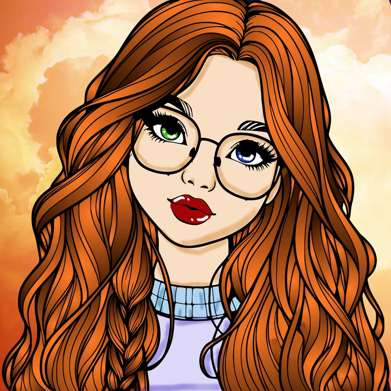 girl with long hair and freckles and glasses realistic