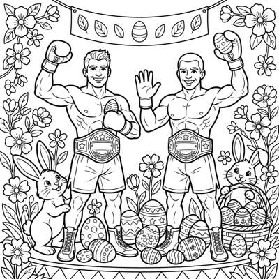 Get ready for a knockout Easter celebration with this exciting coloring page! Two champion boxers join festive bunnies and eggs for a truly unique springtime activity.