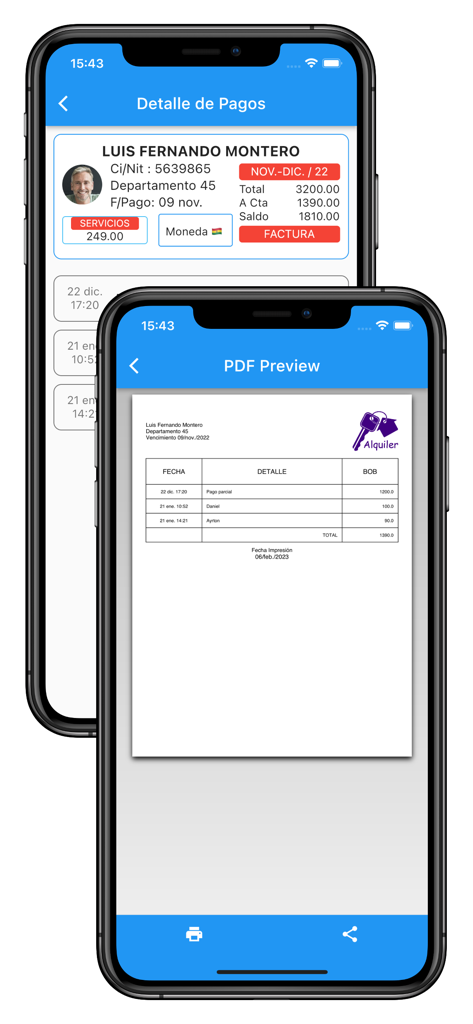 Detalhes de pagamento e visualização de recibo em PDF para o aplicativo de gestão de aluguéis Meus Aluguéis