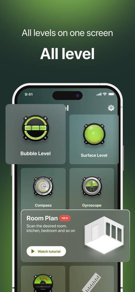 Bubble Level for iPhone - コンパス、水準器、部屋プランなどの複数のユーティリティツールを表示するiPhoneアプリのインターフェイス