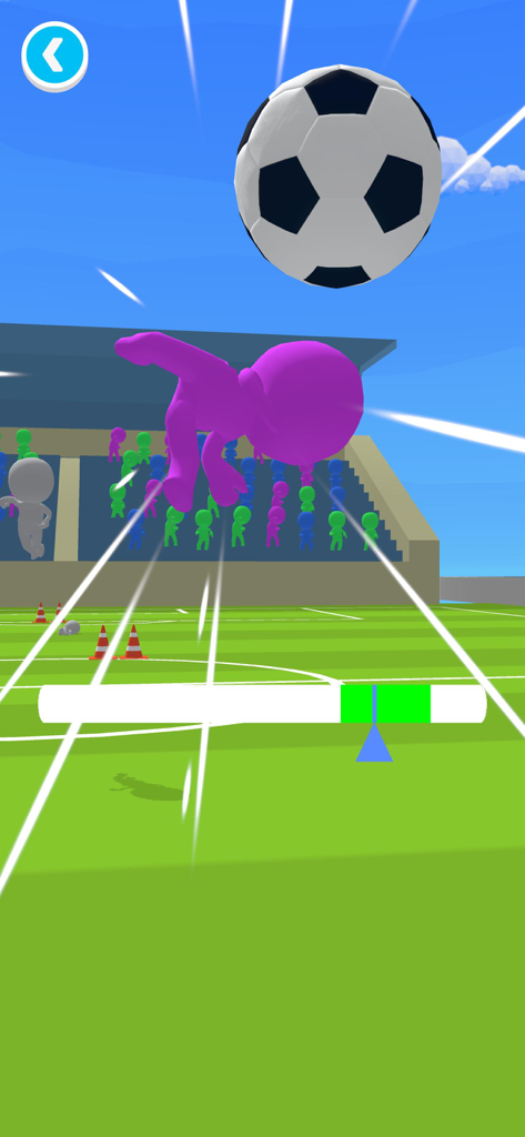 Soccer Runner ! - A purple character jumping to kick a soccer ball with a shot power meter at the bottom