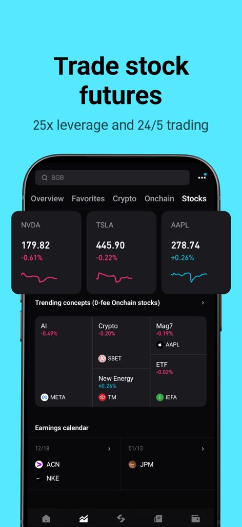 Bitget mobile app screen showing stock futures trading with 25x leverage and real-time stock prices for NVDA TSLA and AAPL