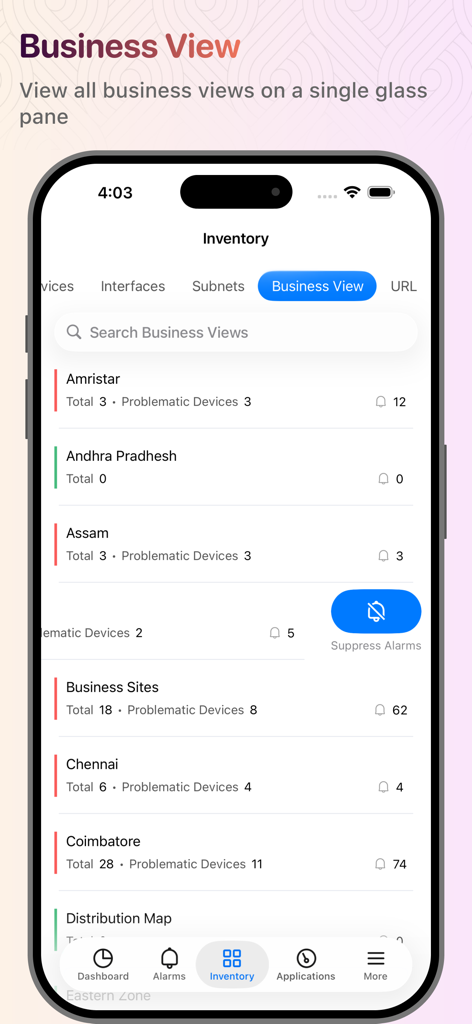 Interfaccia dell'app OpManager che visualizza le viste aziendali per il monitoraggio dei dispositivi di rete e degli allarmi.