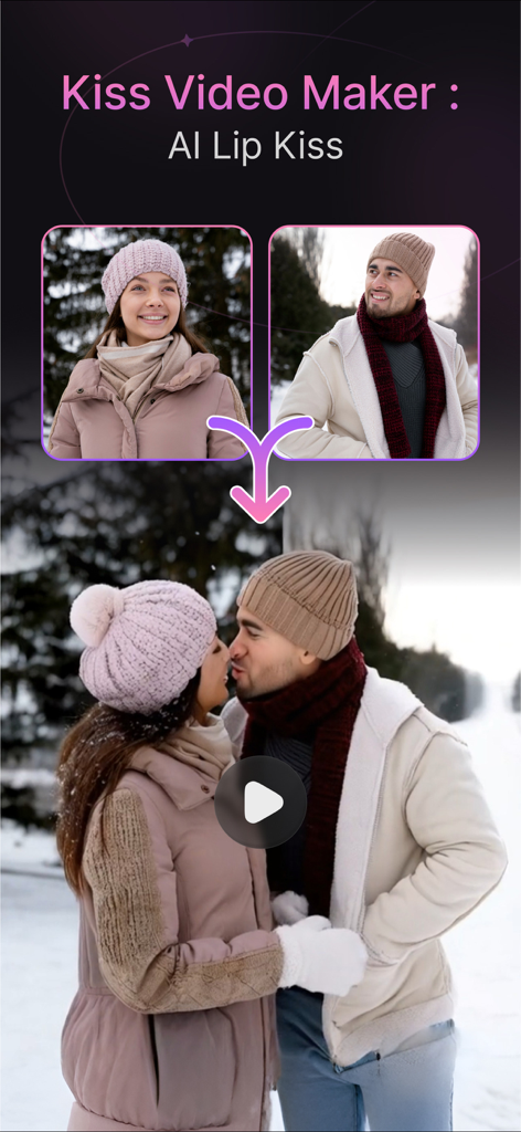 Demostración de la aplicación Kiss Video Maker convirtiendo dos retratos separados en un vídeo generado por IA de una pareja besándose en un paisaje nevado.