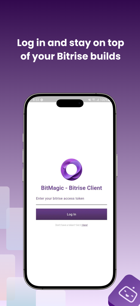 BitMagic - BitMagic mobile app login screen where users enter their Bitrise access token to manage builds