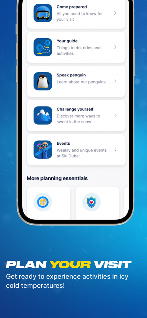 가이드, 펭귄, 이벤트를 위한 옵션이 있는 방문 계획 메뉴를 보여주는 스키 두바이 앱 인터페이스