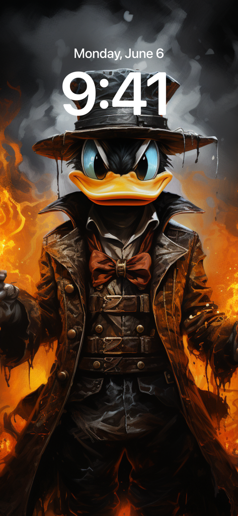 Edgy duck character in a steampunk outfit on an iPhone lock screen with a fire background