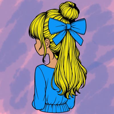realistic girl  with hip length hair a bun and a big bow on the back of head
