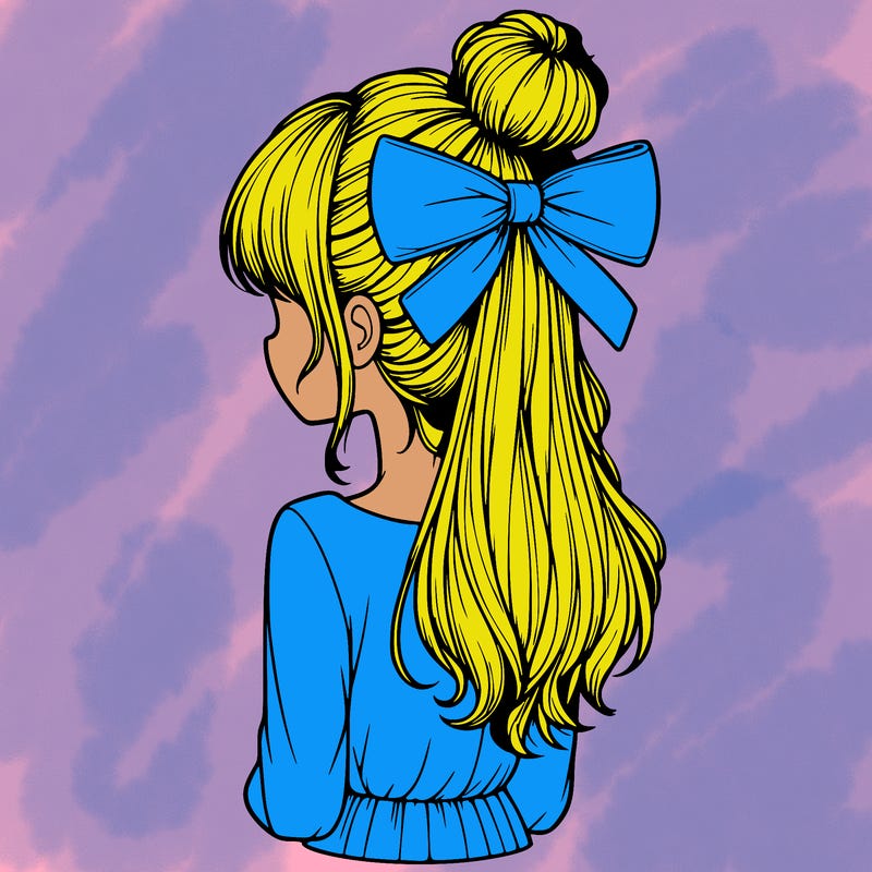 realistic girl  with hip length hair a bun and a big bow on the back of head