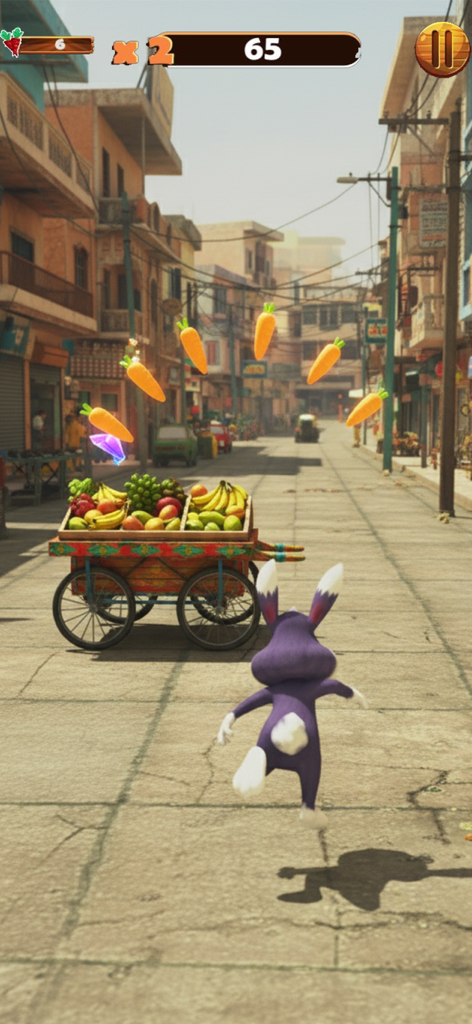Bunny Street Runner Dash 3D - Purple bunny character running through a 3D Pakistani street environment collecting carrots.