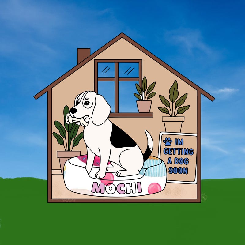 beagle in a house with a toy in his mouth the dog bed that the dogs sitting on put the name mochi on the cover the dog needs to have spots in it with a sign near the bed that says im getting a dog soon