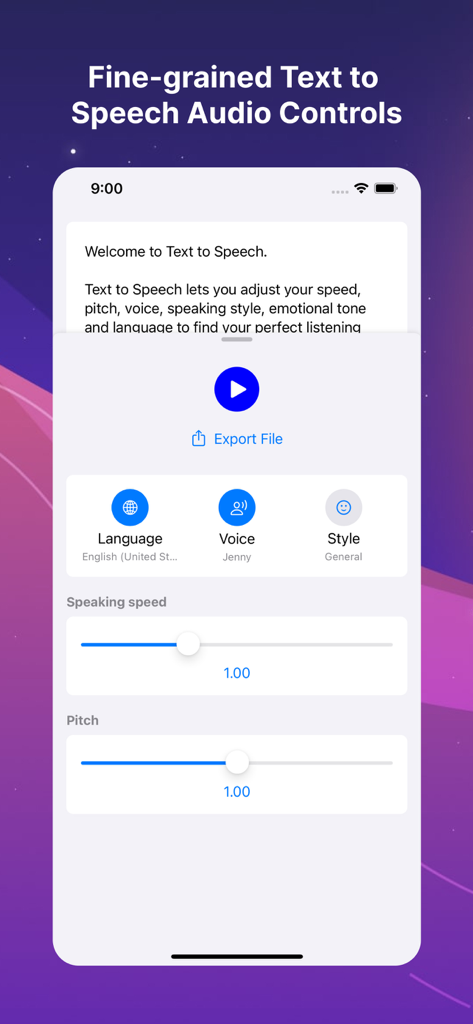 Text to Speech: Voice Reader - Interfaz móvil que muestra controles de audio detallados para texto a voz, incluyendo configuraciones de velocidad y tono