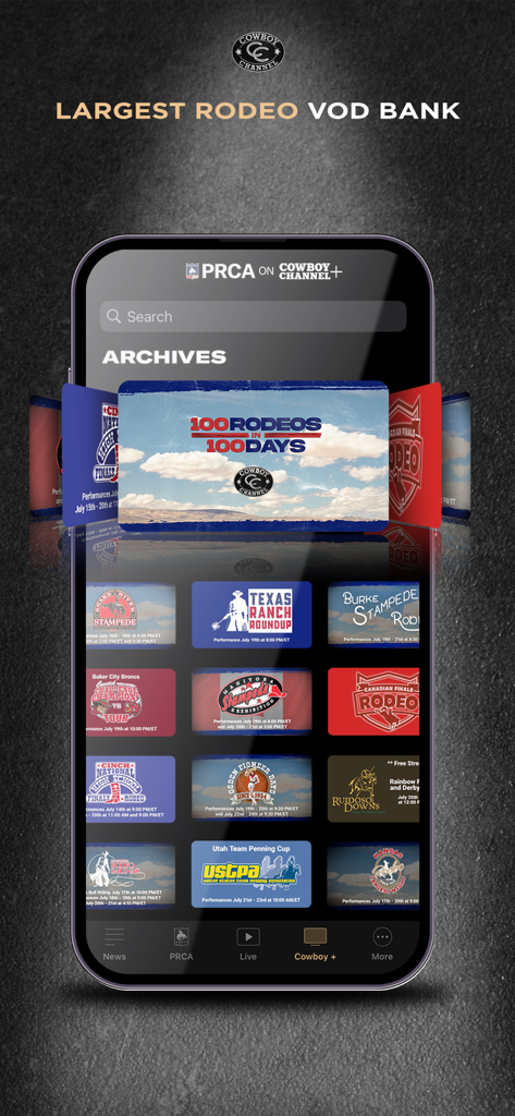 Cowboy Channel Plus - Application mobile Cowboy Channel Plus montrant les plus grandes archives vidéo à la demande de rodéo pour les événements PRCA