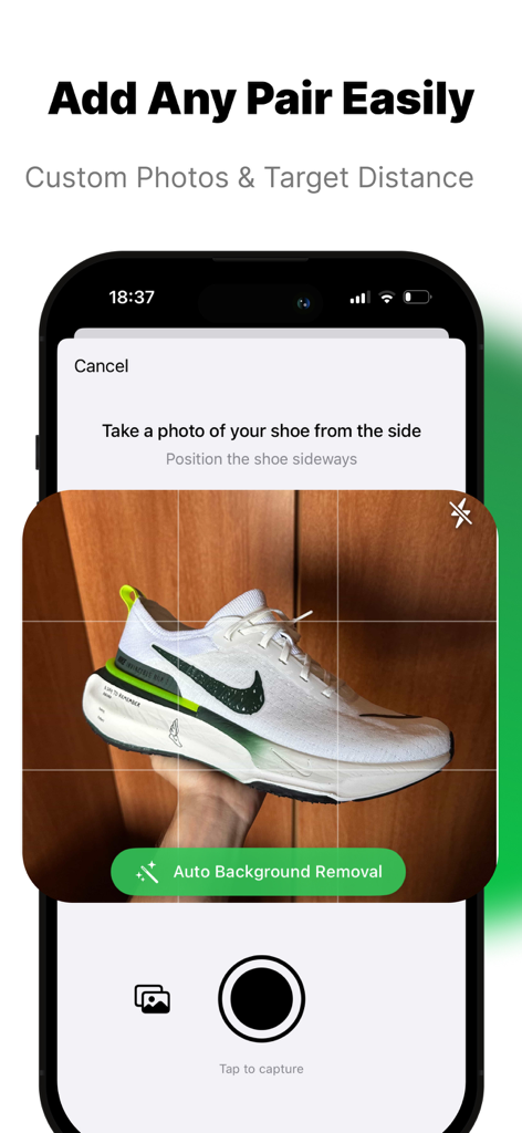 The Shoe Tracker app interface showing a camera screen with an automatic background removal feature for adding a new running shoe