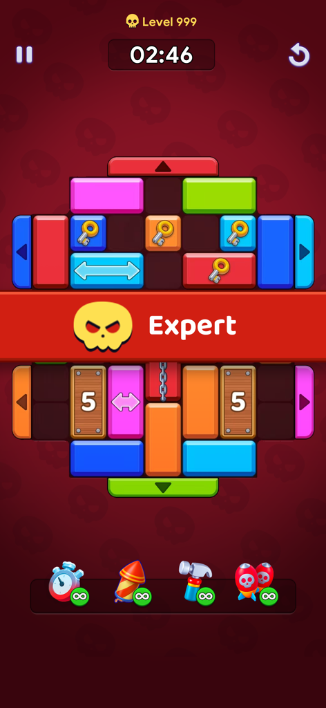 Interface de niveau expert de Slide Block Color Match Jam montrant des blocs colorés et des boosters.