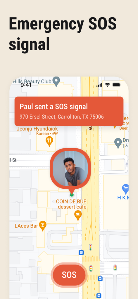 Pantalla de la aplicación móvil que muestra una alerta SOS de emergencia con la ubicación del usuario en un mapa
