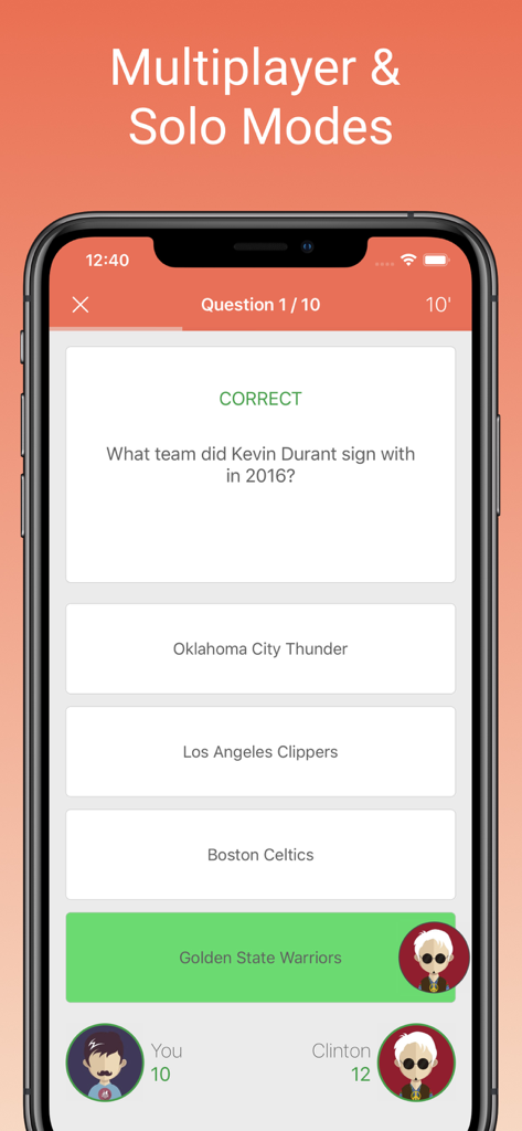NBA Fan Quiz app screenshot showing a multiplayer trivia question about Kevin Durant