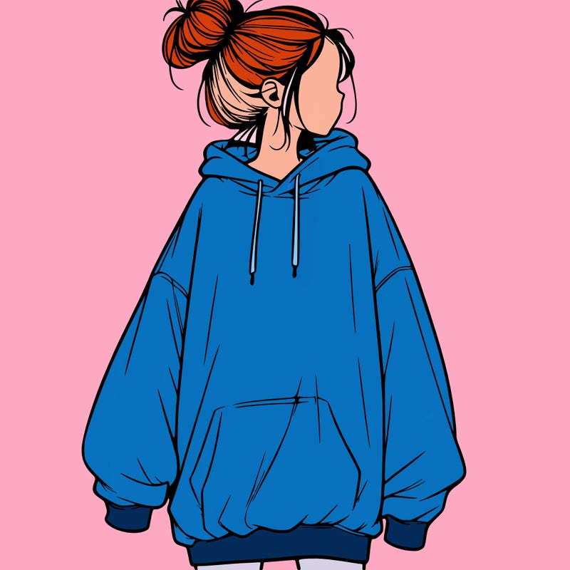 realistic girl with a oversized sweatshirt on and a bun