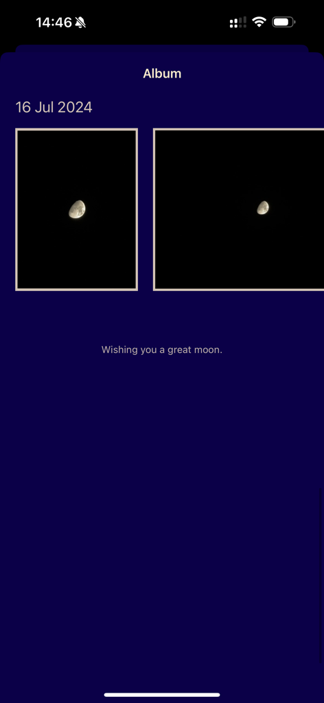 캡처된 달 사진이 포함된 Moontake 앱의 앨범 화면