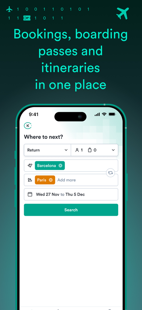 Pantalla de búsqueda de vuelos de Kiwi.com con opciones de itinerario de viaje