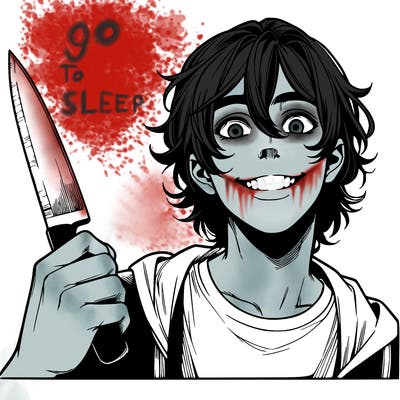 teenage realistic guy with long ish hair holding a knife and has a big grin