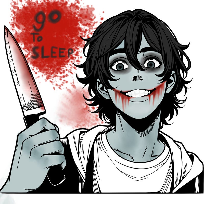 teenage realistic guy with long ish hair holding a knife and has a big grin