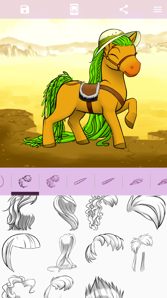 Avatar Maker: Pony 2 - Customizing a pony with green hair and a safari hat in the Avatar Maker Pony 2 app