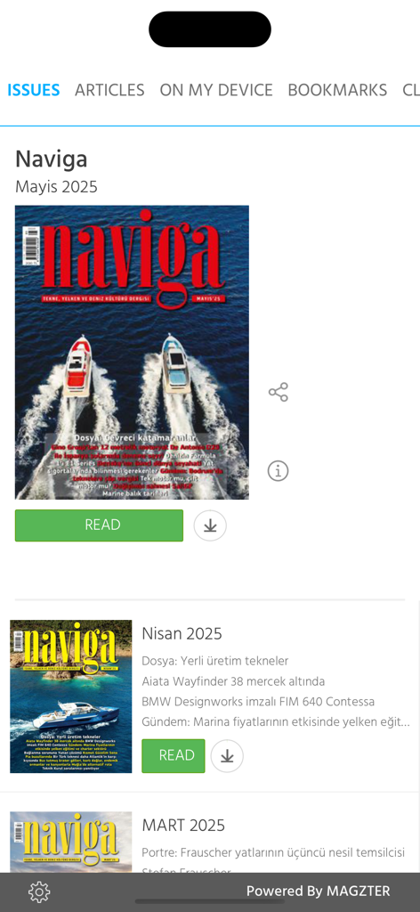 Naviga Magazine - Interface of the Naviga Magazine app showing a list of monthly digital issues available for reading and download