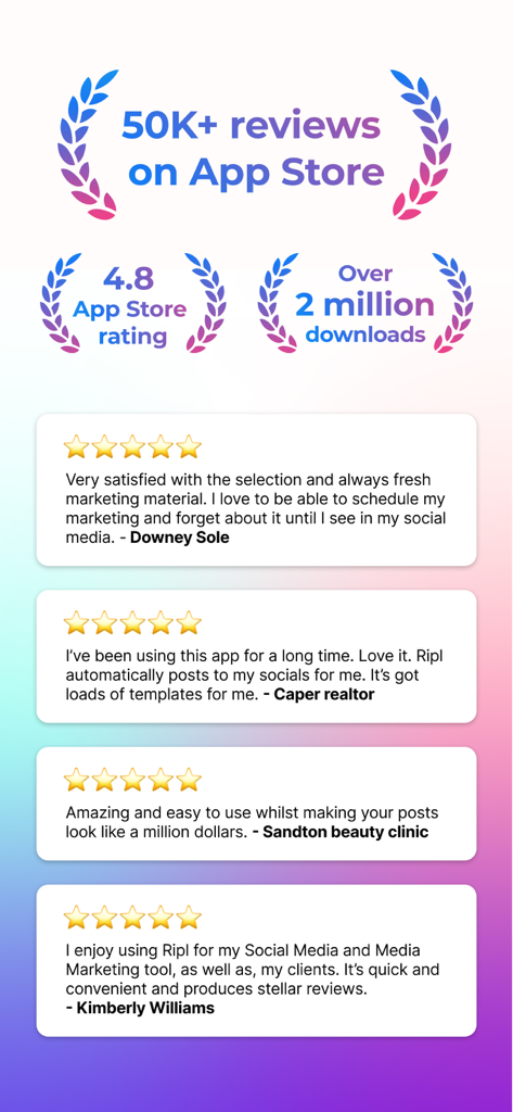 Ripl app store metrics showing 50k reviews and 4.8 rating with user testimonials
