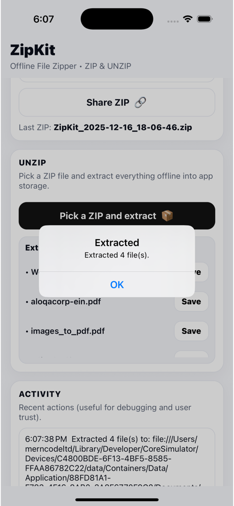 ZipKit: Offline File Zipper - A screenshot of the ZipKit app interface displaying a confirmation message that four files were successfully extracted offline.