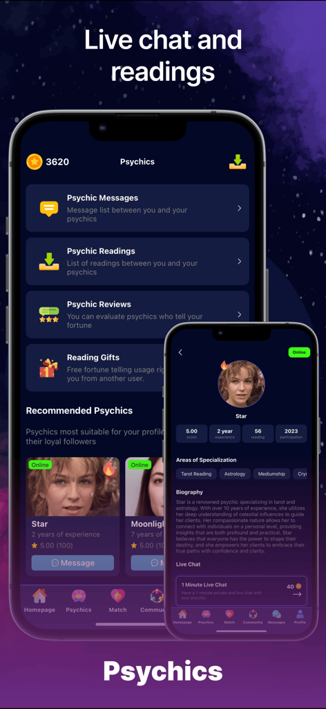 Pantallas de la aplicación Aysel que muestran perfiles psíquicos y opciones de lectura de chat en vivo para tarot y astrología.