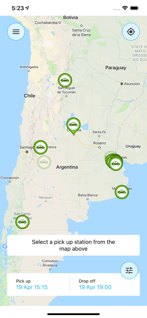 KINTO SHARE LATAM - Visualização de mapa no aplicativo KINTO SHARE LATAM mostrando estações de compartilhamento de carros disponíveis na Argentina