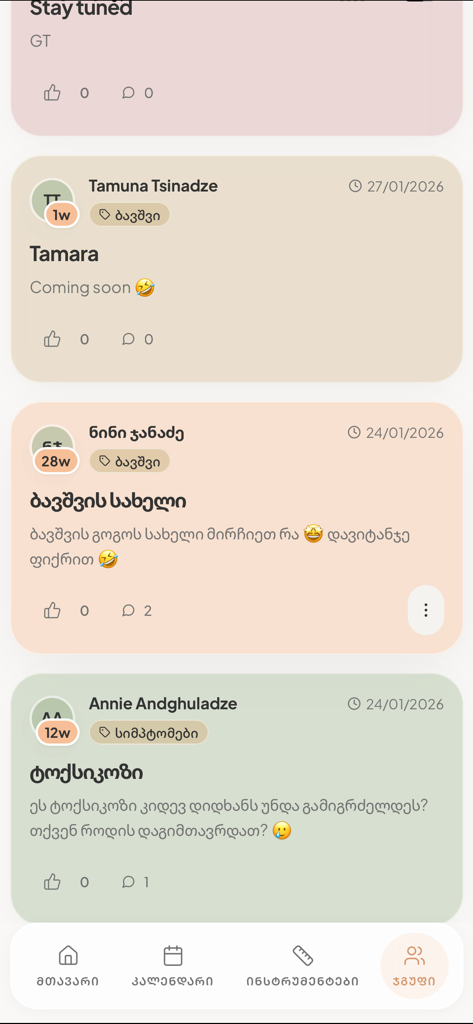 Oberfläche der Bude App, die das Community-Forum zeigt, in dem werdende Mütter ihre Schwangerschaftsreise teilen