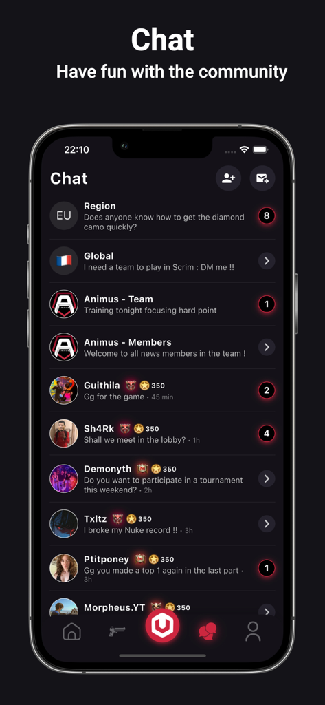 Universe Meta - Universe Meta app chat screen showing community groups and player messages for CODM