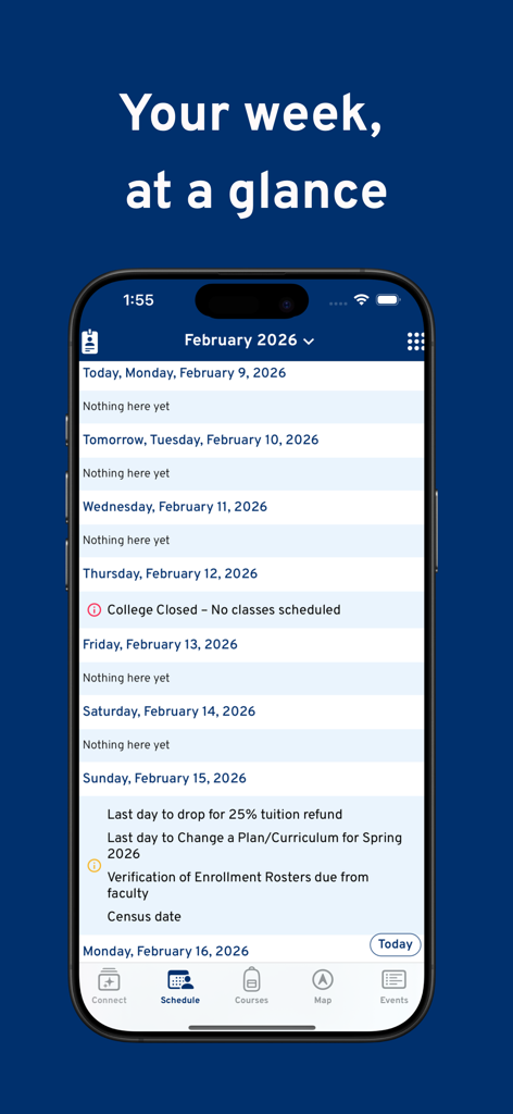 A mobile interface for QCC Connect showing a student's weekly schedule with academic deadlines and campus closure notices.