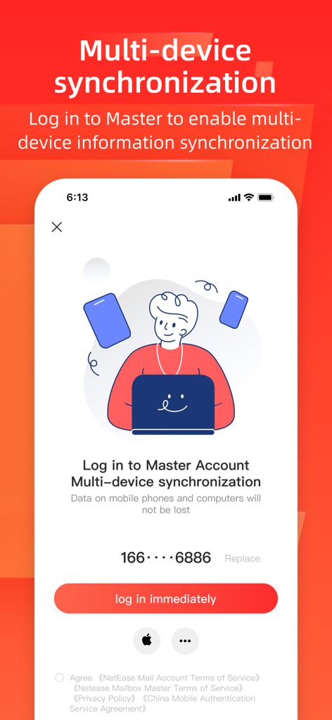 Mail Master app login screen highlighting multi-device synchronization feature