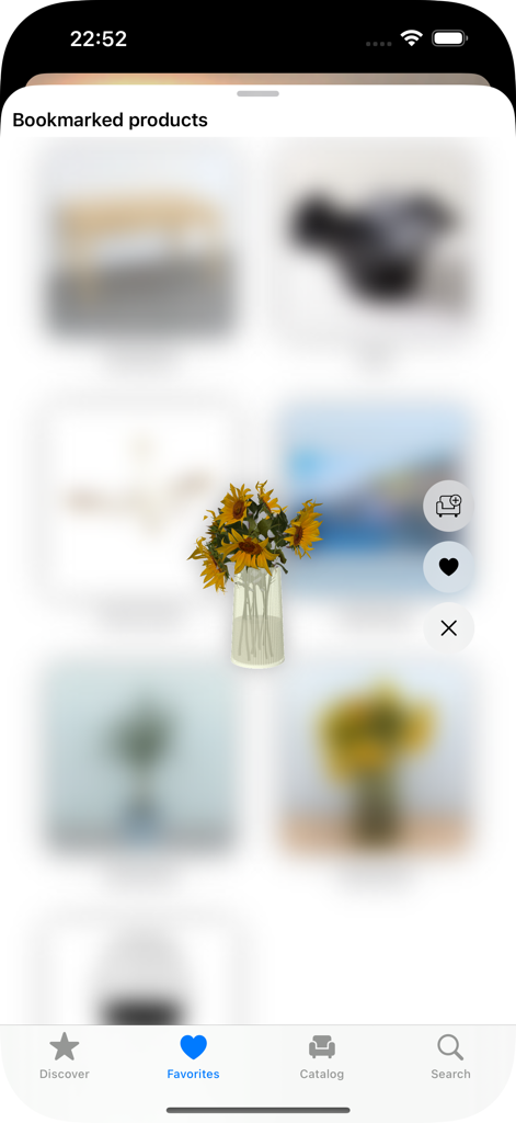 HomeByMe Reality – Deco 3D - Bookmarked products screen in HomeByMe Reality showing a 3D sunflower vase.